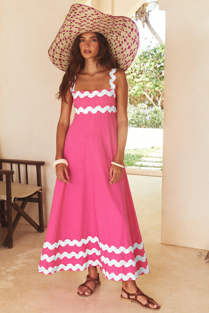 Flowers Print Wavy Pattern Suspender Long Dress For Women Fashion A-Line Beach Dresses Womens Clothing - Limorista