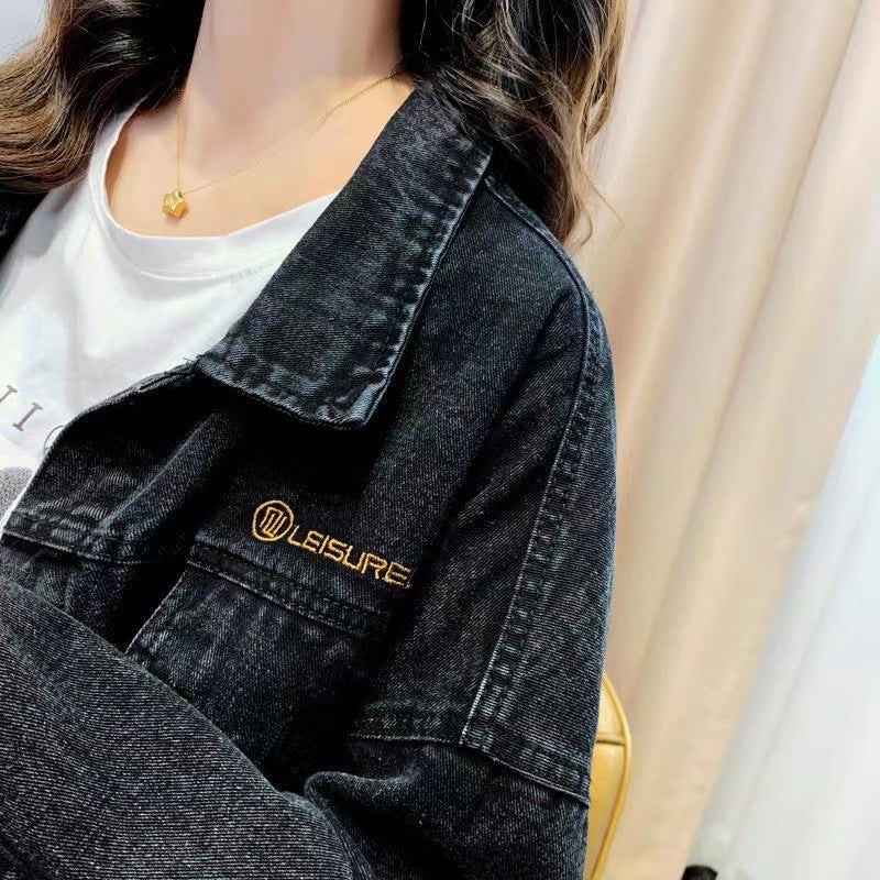 Limorista - Loose Embroidered Lettered Black Denim Jacket Slimming Jacket Coat For Women