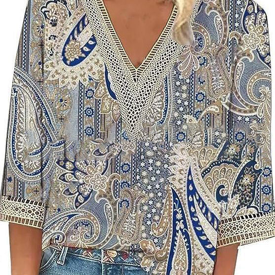Limorista - Wear Loose New Floral Print Stitching Lace Half Sleeve V-neck T-shirt