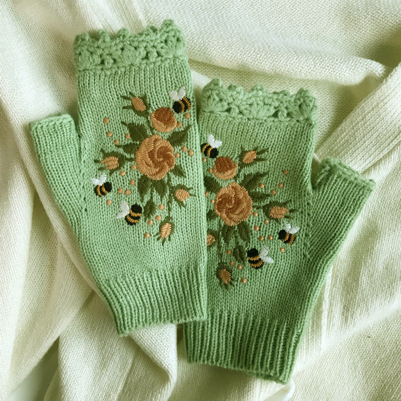 Embroidered Ladies Warm Gloves Bee Floral Knit Limorista
