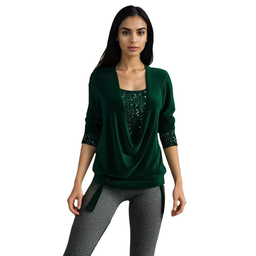 Limorista - Sequin Contrast Solid Color Long Sleeve Women&