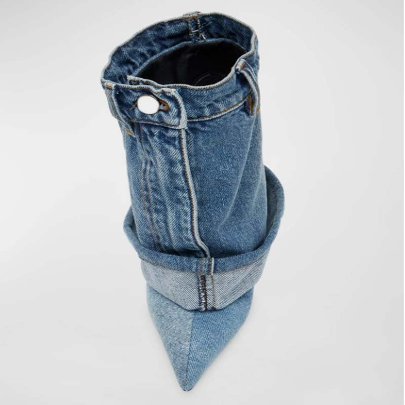 Pointed-toe Washed Denim Pantskirt Stiletto Heel Ankle Boots Limorista
