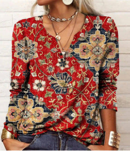 Long Sleeved Geometric Flower Mang U-neck Button Up T-shirt For Women Limorista
