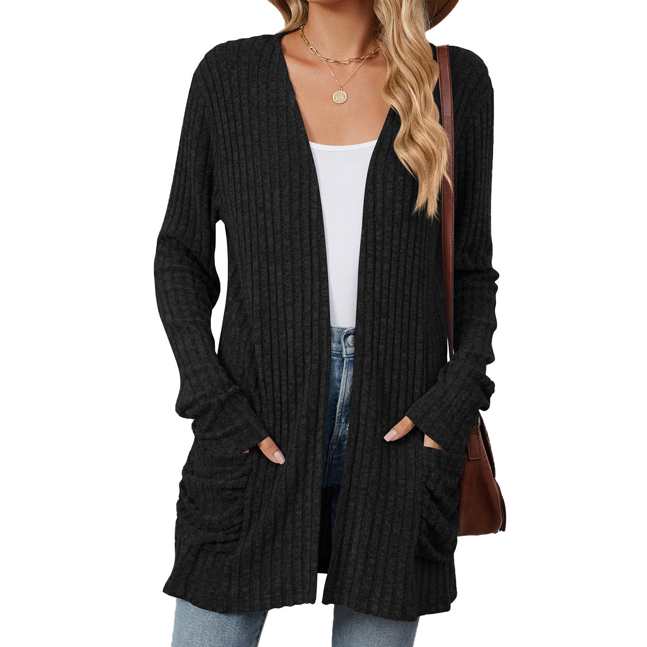 Solid Color Pocket Long Sleeve Bottoming Cardigan Knitwear Limorista