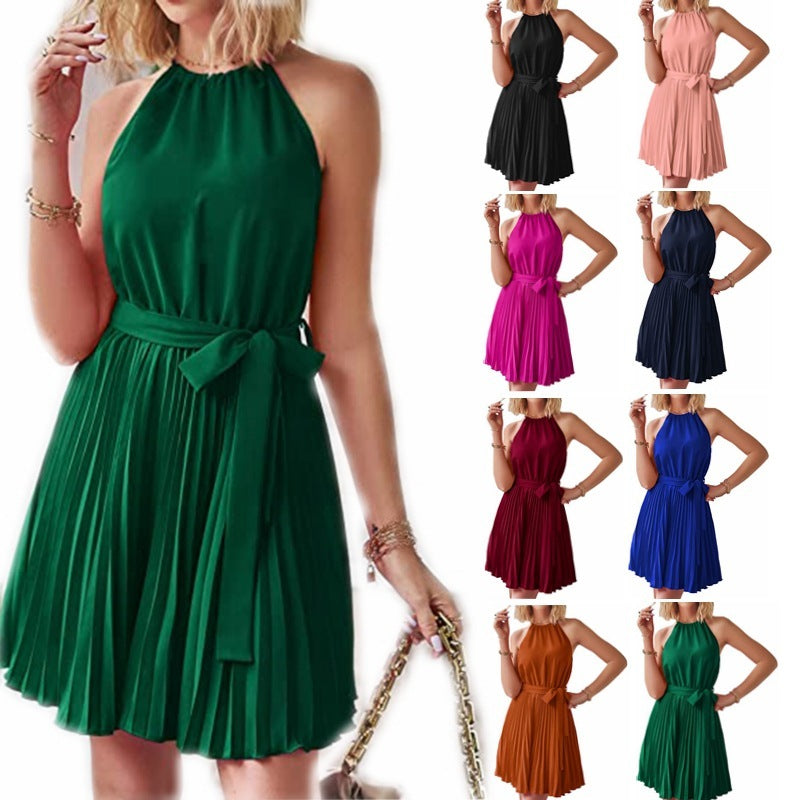 Halter Strapless Dresses For Women Solid Pleated Skirt Summer Beach Sundress Limorista