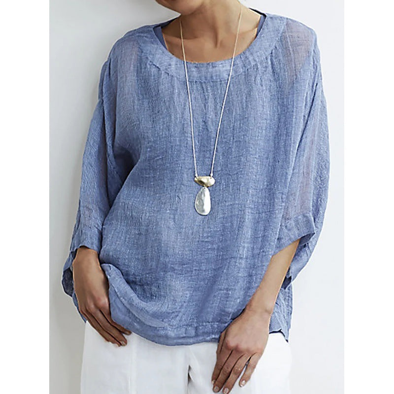 Casual Round Neck Cotton Top Women&