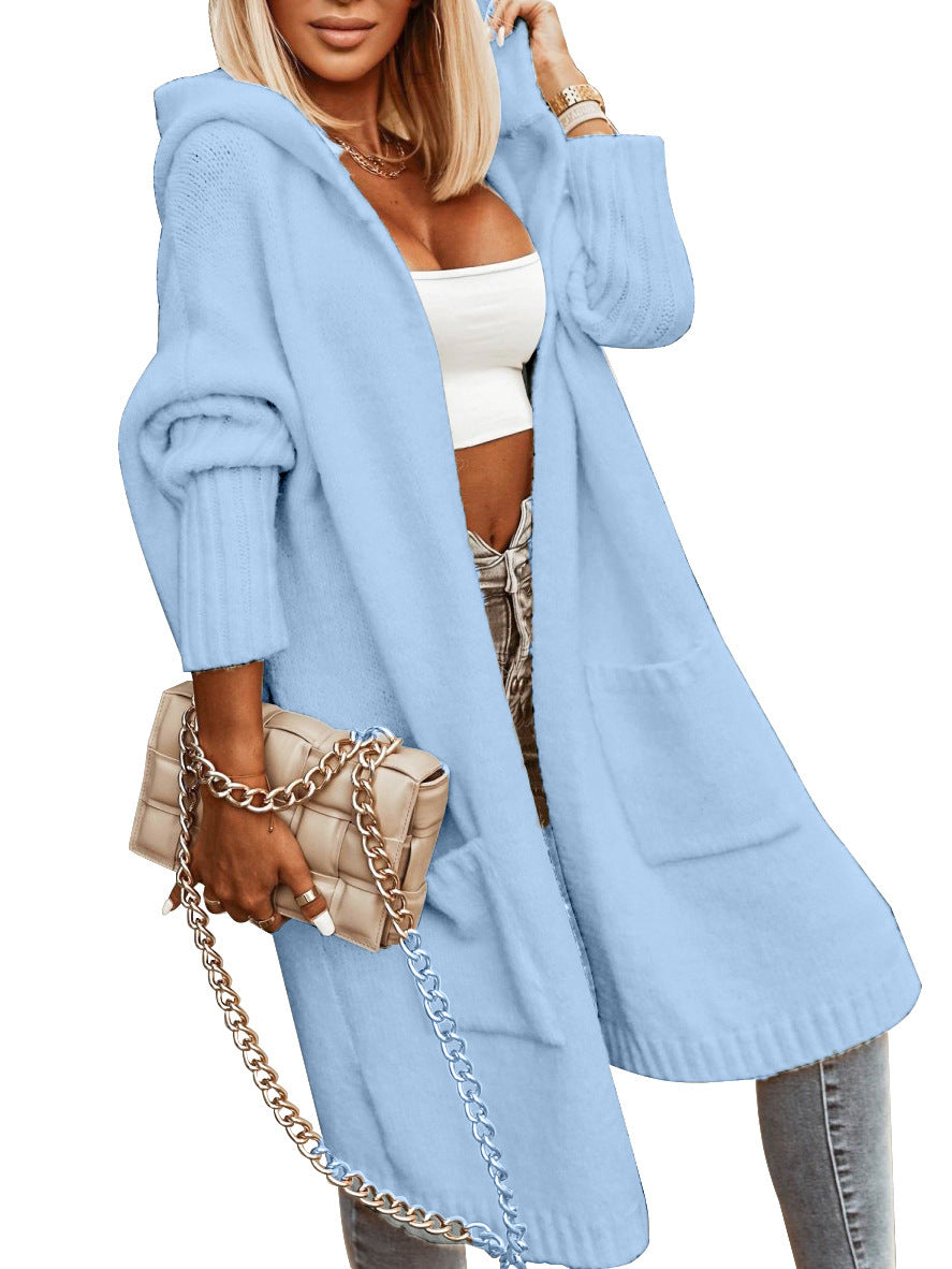Ladies Hooded Solid Color Mid-length Knitwear Fashion Casual Pocket Long Sleeve Trench Coat Limorista