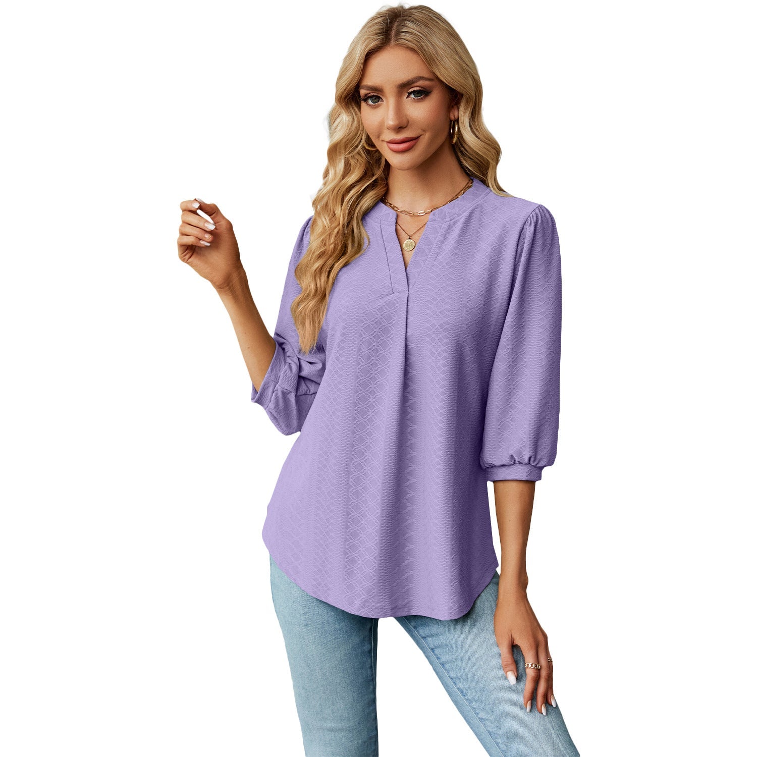 Solid Color Lace Collar Jacquard Long Sleeve Loose-fitting T-shirt Top Limorista