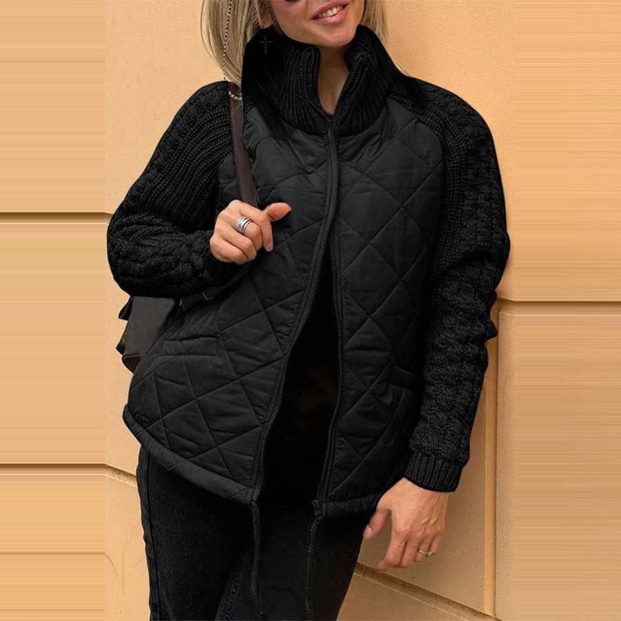 Stand Collar Cotton Jacket With Pockets Fashion Knitted Stitching Zipper Coat Winter Warm Tops For Women Limorista
