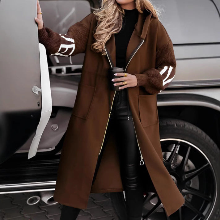 Hooded Windbreaker Long Jacket With Pockets And Drawstring Design Solid Color Knit-Sleeved Trench Coat For Women Clothing Fall Winter Limorista