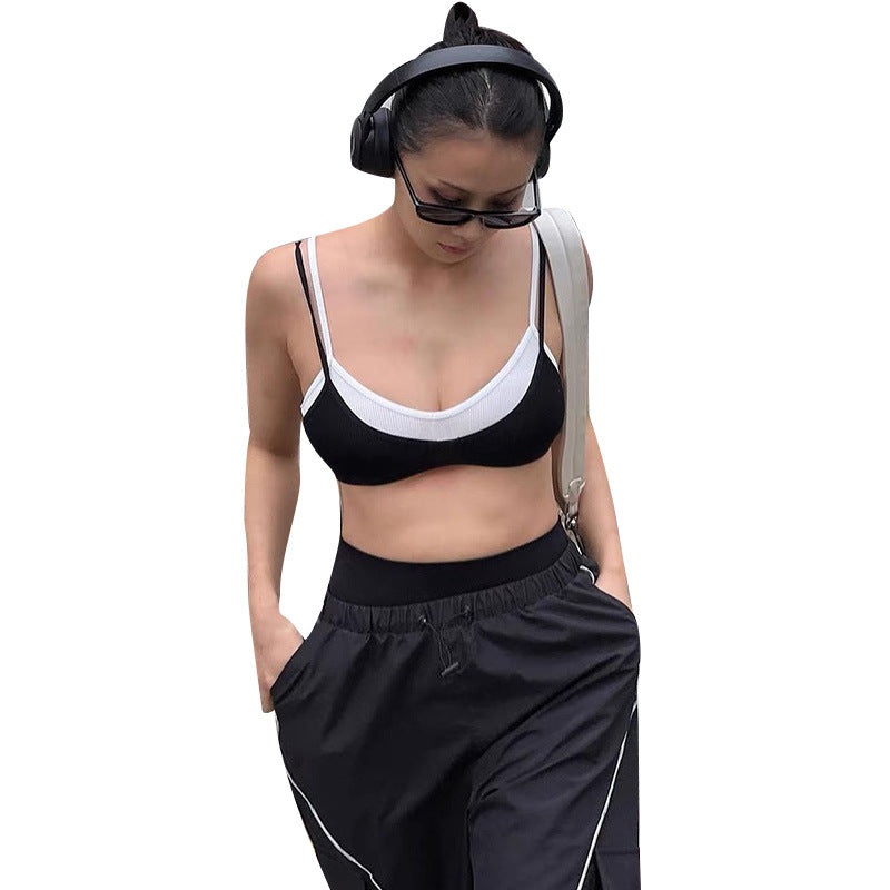 Limorista - Contrast Color Sling Top Fake Two-piece Sports