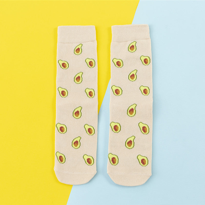 Avocado Chips Egg Fun Patchwork Color Medium Tube Cotton Socks Female Limorista