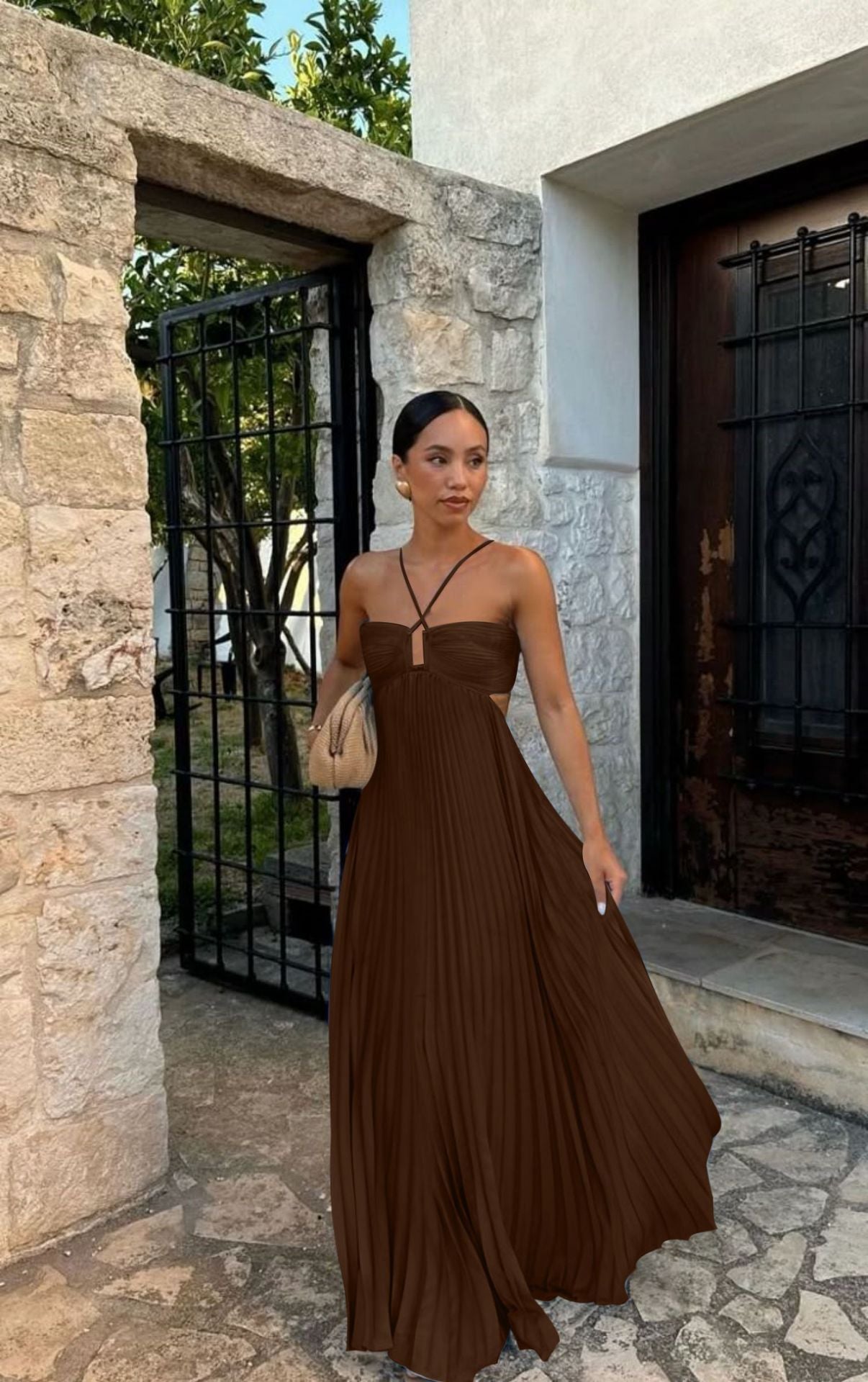 Ins Pleated Sleeveless Sling Dress Hollow High Waist Halter Robe Dresses For Evening Party Club Clothing Women Limorista