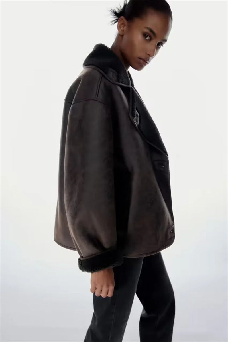 Faux Leather Double-sided Jacket European And American Locomotive Long Breasted Coat Limorista