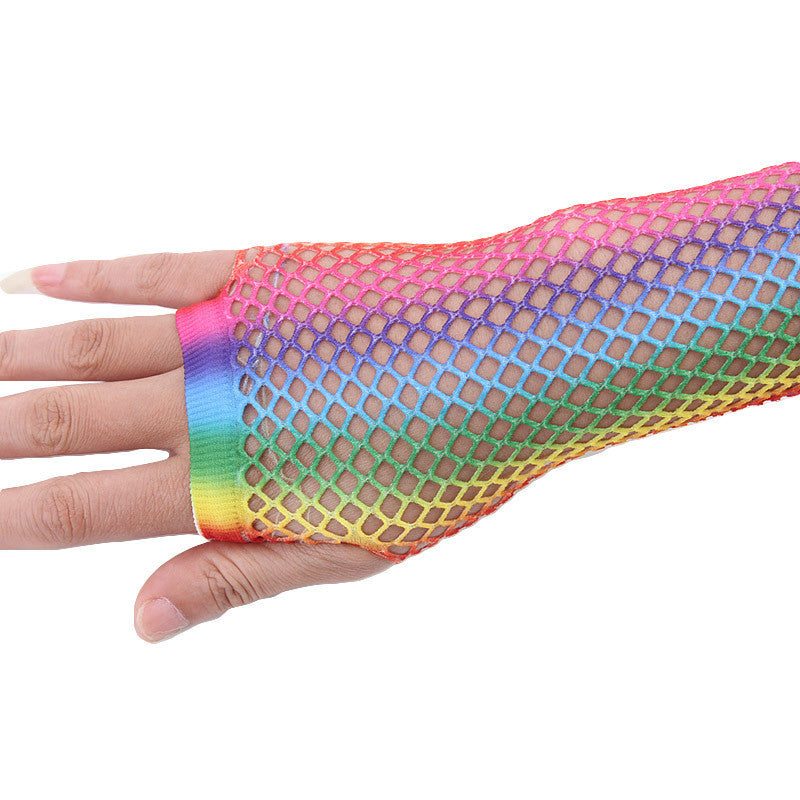 Rainbow Color Sexy Fishnet Half-finger Long Net Gloves Limorista