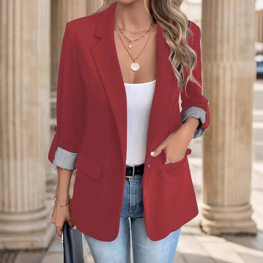 Casual Button Suit Slim-fit Cropped Roll-up Sleeve Suit Jacket For Women Limorista