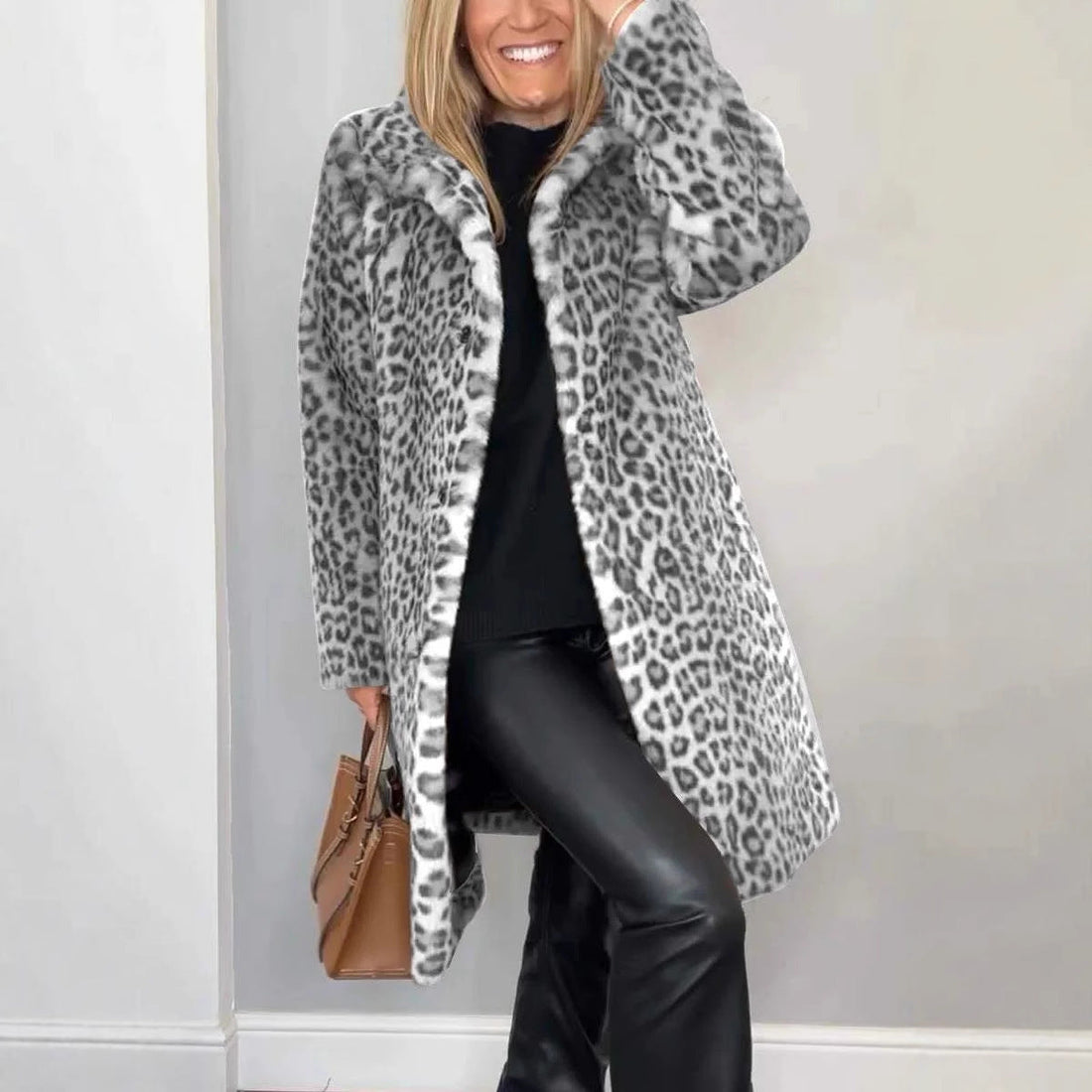 Fall Winter Leopard Print Plush Mid-length Coat Limorista