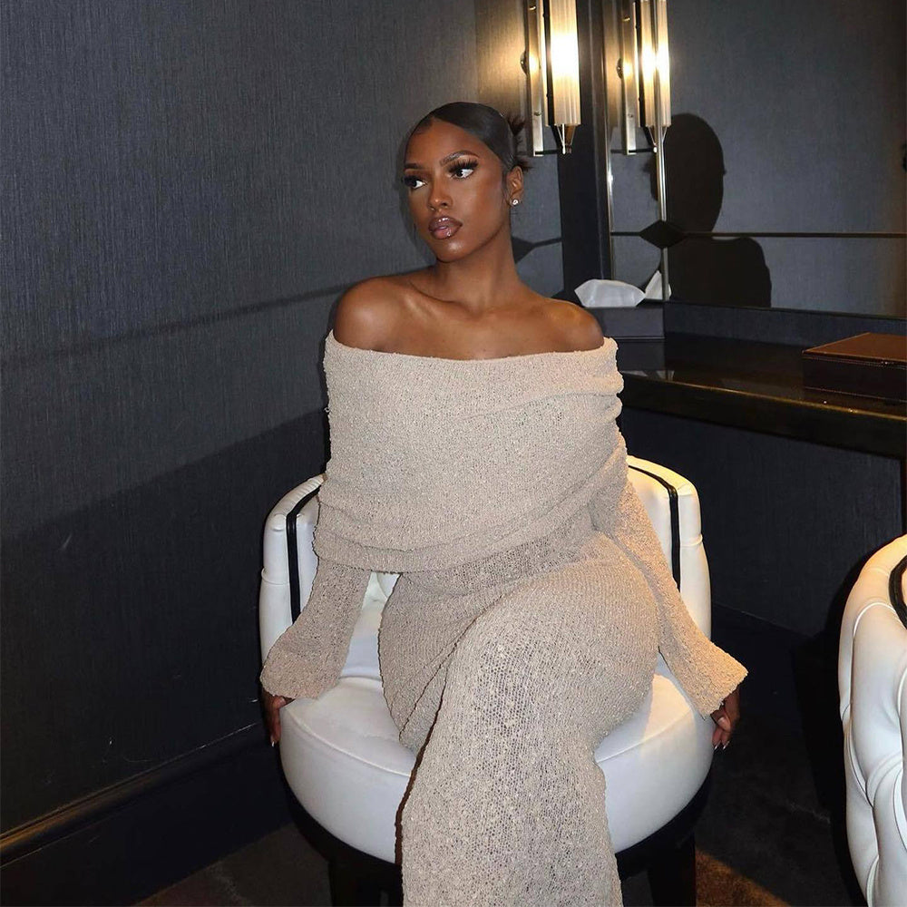 New One-shoulder Knitted Long-sleeved Dress Sexy Beach Holiday Long Dresses Womens Clothing Limorista
