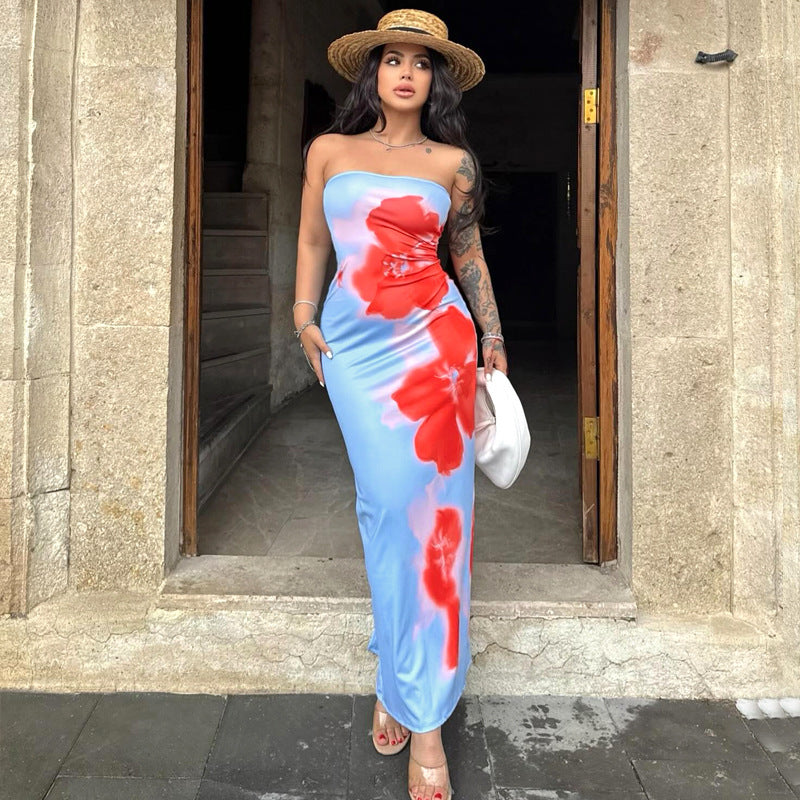 Slim Slit Tube Long Dress Summer Sexy Pint Party Beach Dresses Women&