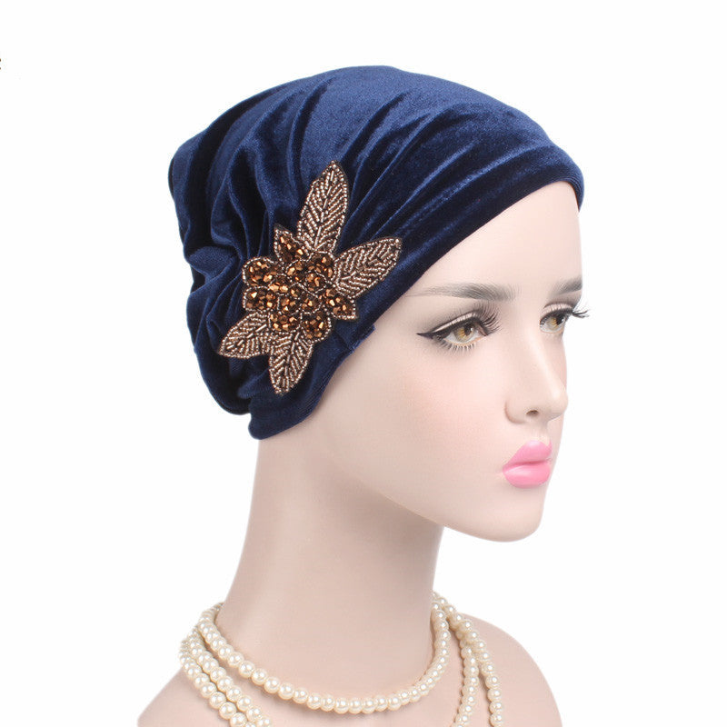 Beaded Flower Accessories Turban Hat Velvet Pleated Hood Limorista