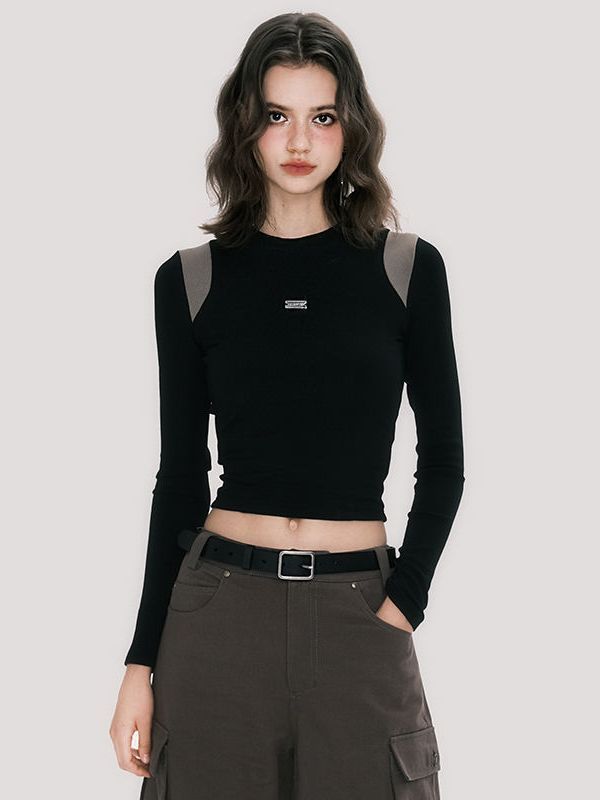 Limorista - Autumn New Contrast Color Waist-controlled Long Sleeves Round Neck T-shirt Slim Top For Women