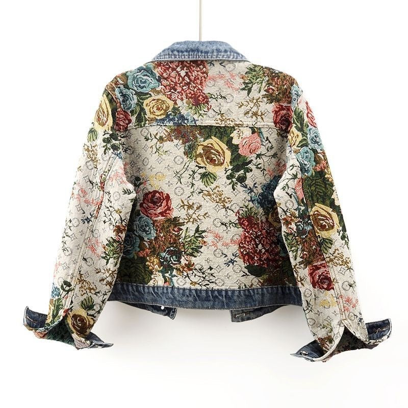 All-match Printed Patchwork Long Sleeves Lapel Denim Coat Limorista