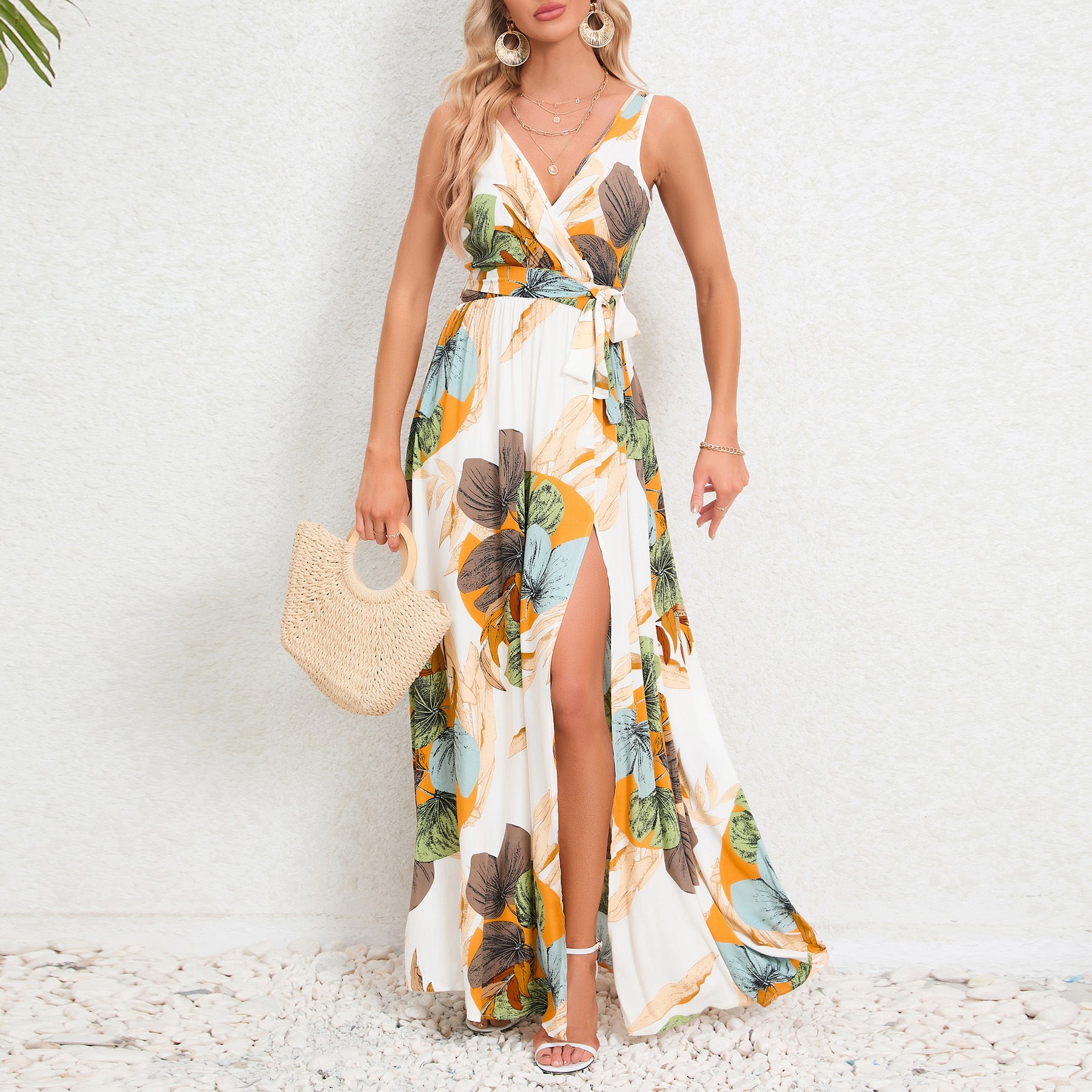 V-neck Floral Print Long Dress Summer Fashion Waist Tie Slit Design Sleeveless Dress For Womens Clothing Limorista