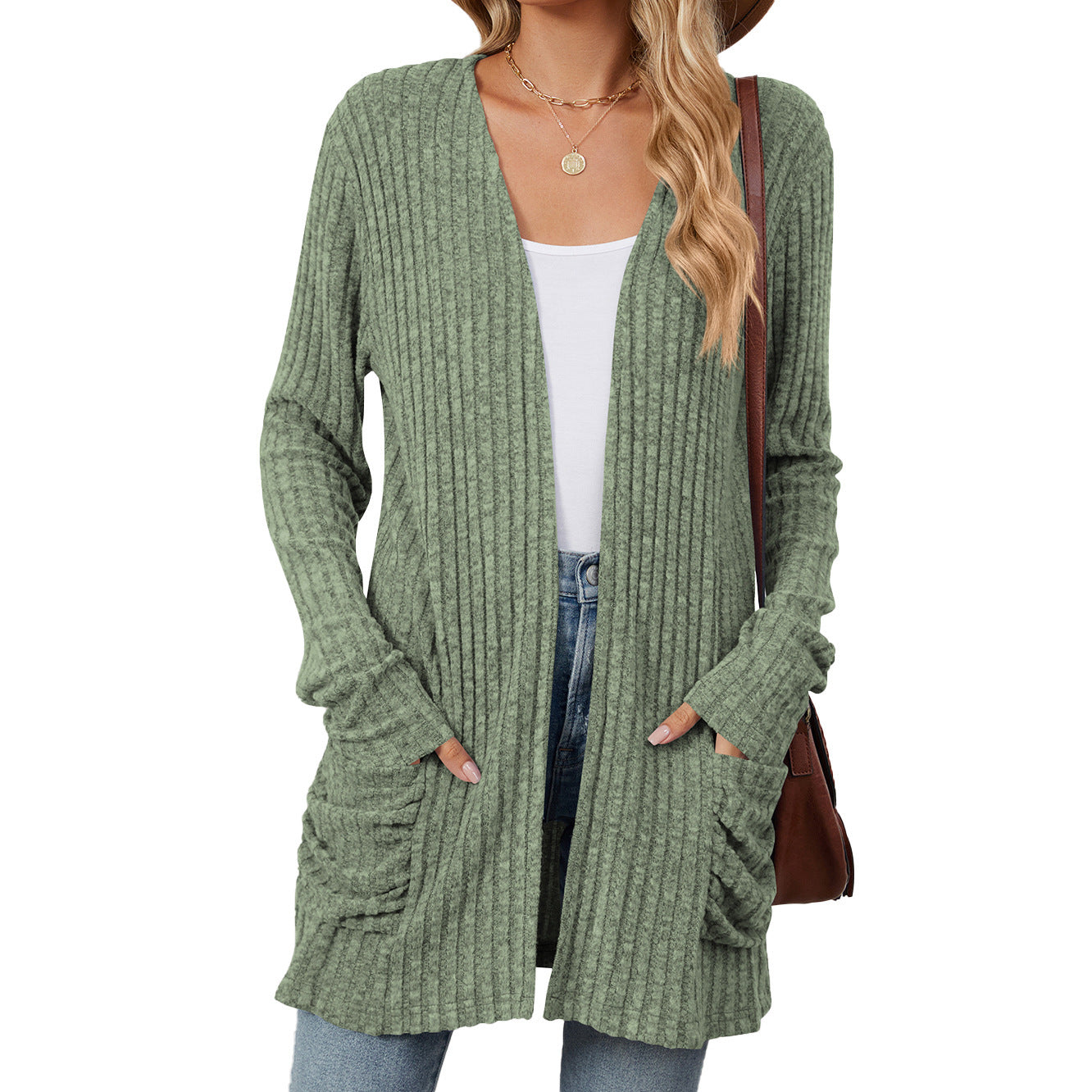 Solid Color Pocket Long Sleeve Bottoming Cardigan Knitwear Limorista