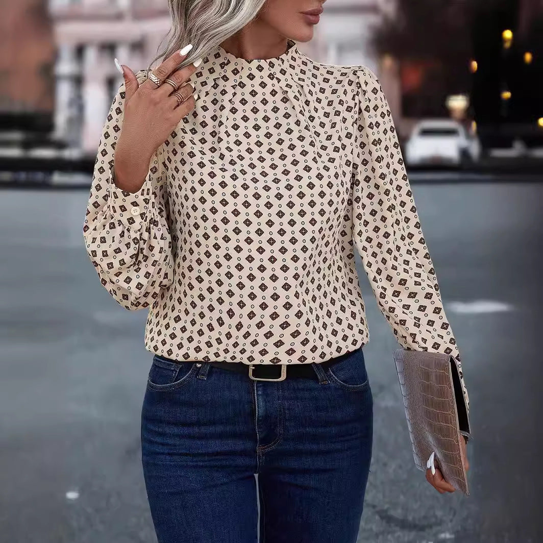 Half Turtleneck Pullover Long Sleeve Printed Temperament Shirt Limorista