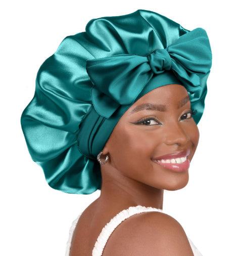 Double-layer Satin Ribbon Round Cap Bow Artificial Silk Beauty Hair Care Wide-brimmed Hat Limorista