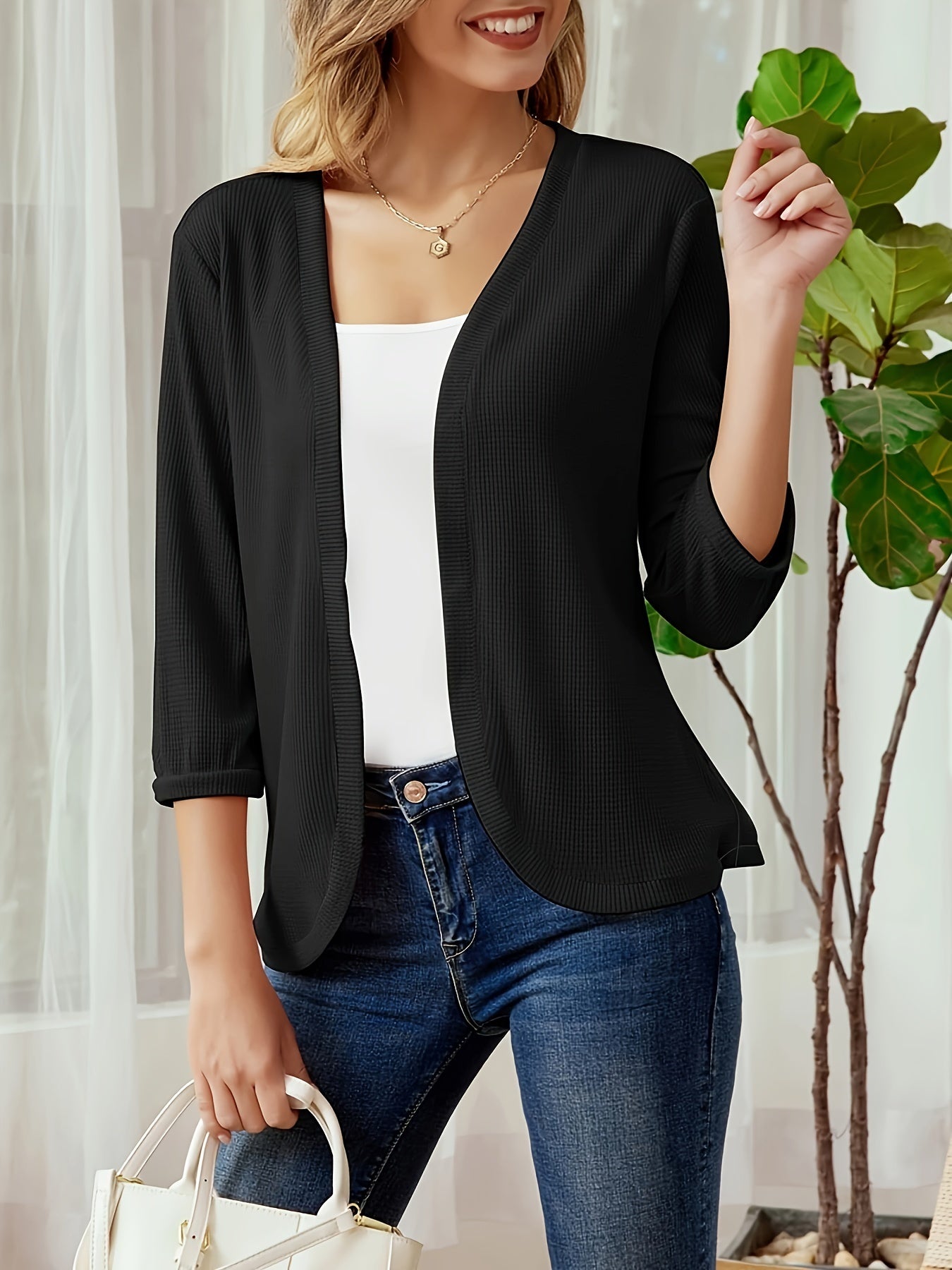 Seven Sleeves Solid Color Waffle Knit Cardigan Limorista