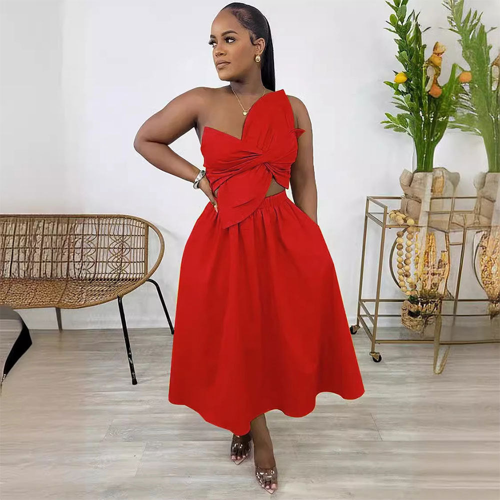 Smocking One Shoulder Petal Hollow Out Dress Limorista