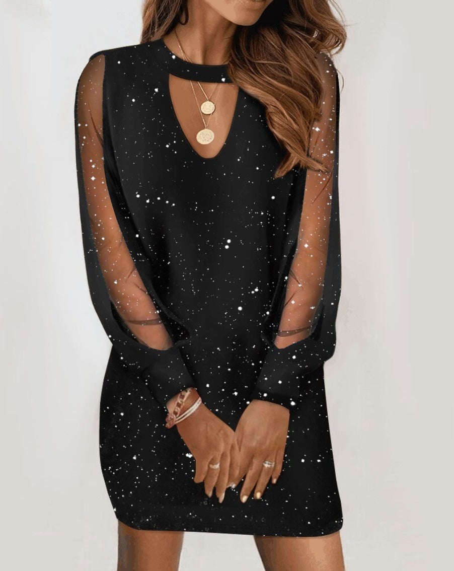 Long-sleeved V-neck Dress Spring And Autumn New Style Lace Splicing Dress For Womens Clothing Limorista