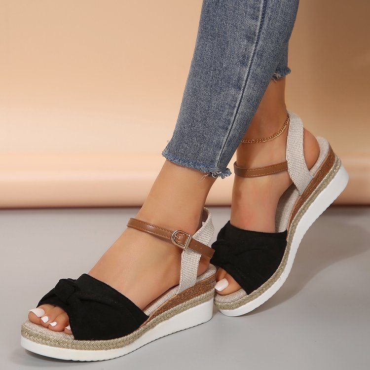 New Thick-soled Bow Sandals Summer Fashion Casual Linen Buckle Wedges Shoes For Women Limorista