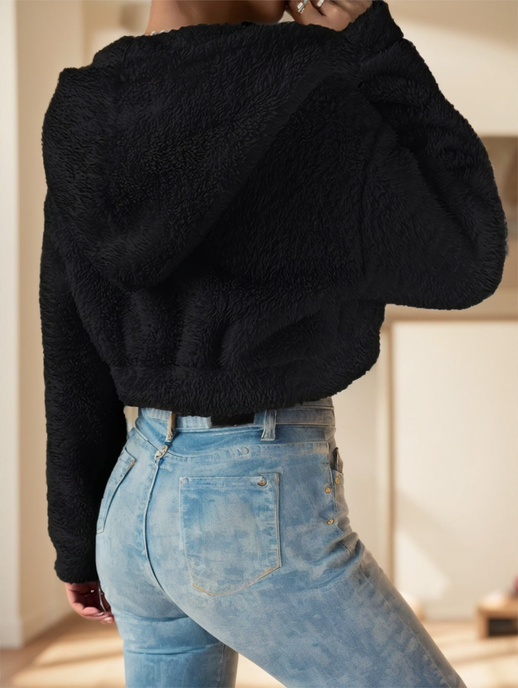 Solid Color Zip-up Teddy Hoodie, Casual Long Sleeve Hoodie Jacket Limorista