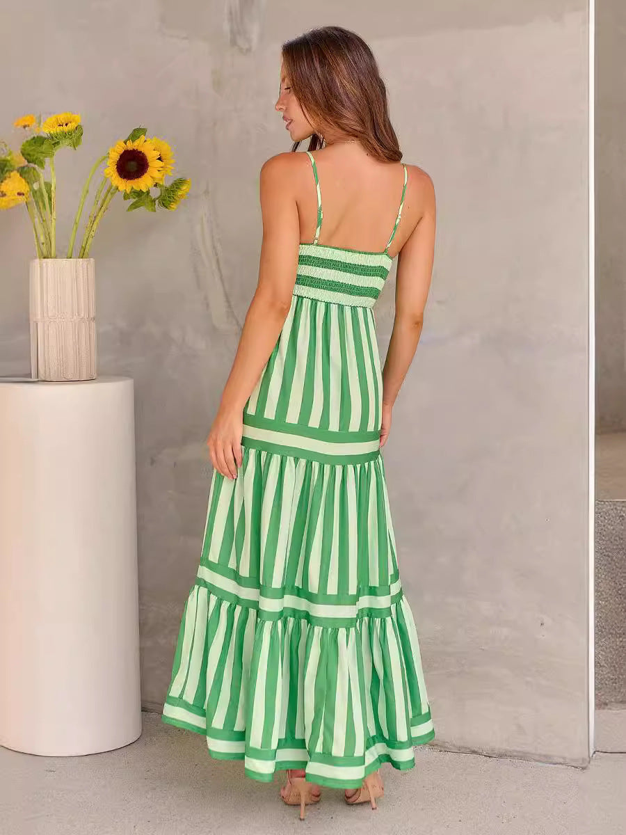 Summer Striped Printed Suspender Long Dress With Pockets Fashion Square Neck Backless Dresses For Beach Vacation Women Clothing Limorista