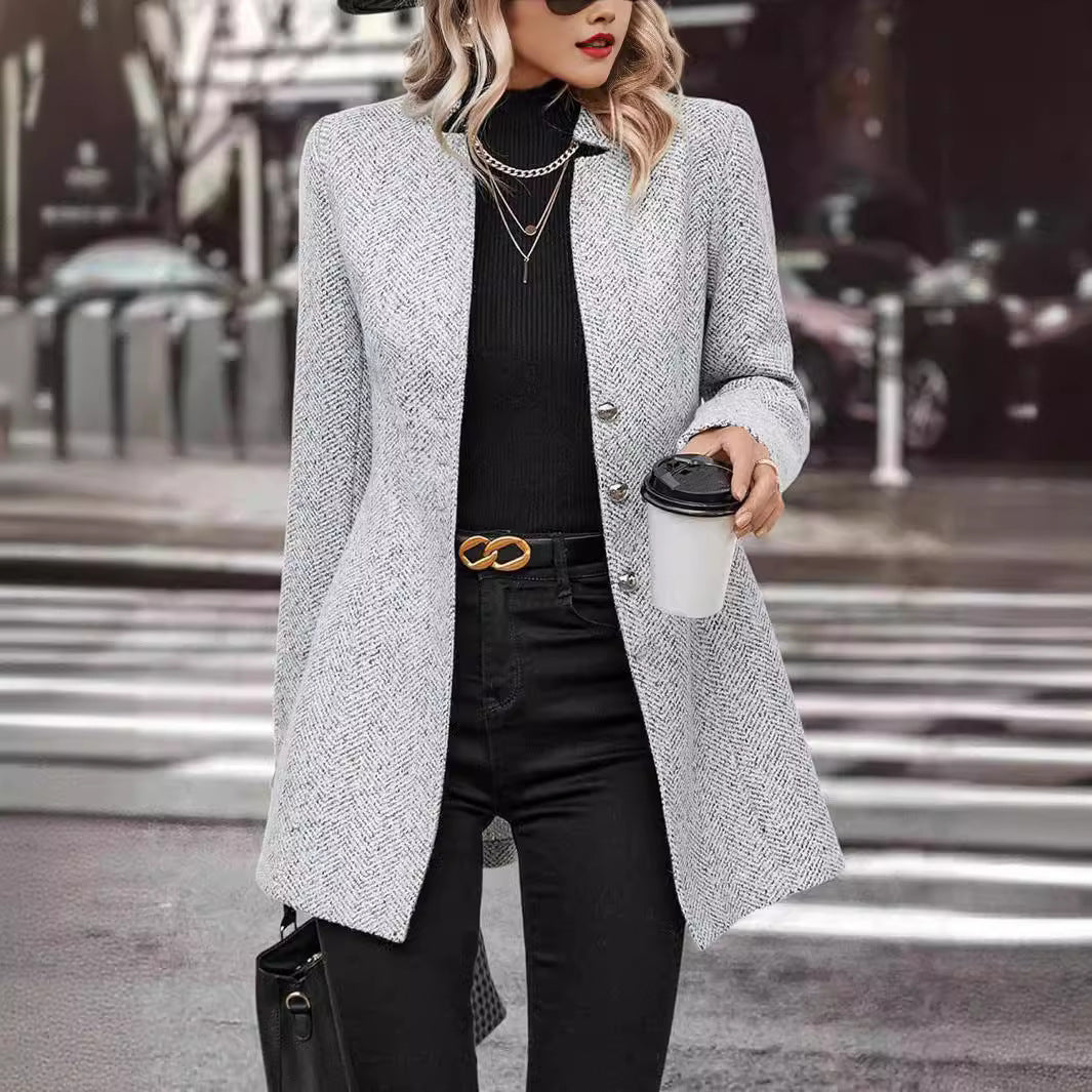 Long Sleeve Solid Color Stand Collar Button Trench Coat Fashion Women&