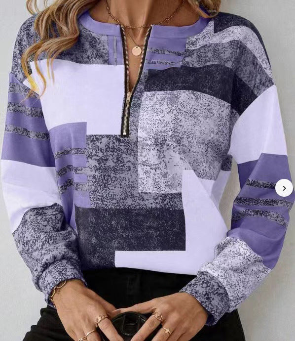 Round Neck Half Zipper Casual Style Polo Shirt Irregular Geometric Top Limorista