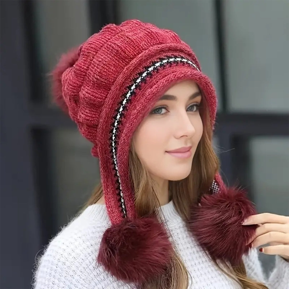 Cozy Knit Fleece-Feel Beanie With Ear Flaps & Pompom Warm Winter Hat For Women Perfect For Skiing & Outdoor Activities Limorista