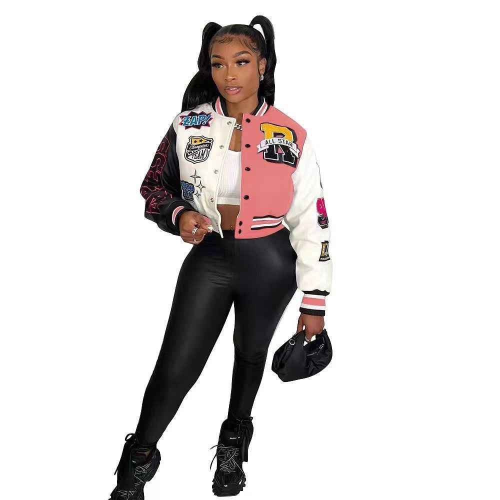 Limorista - Color Block Press Button Fashion Printed Double Layer Jacket