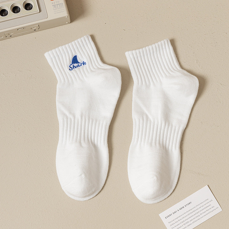 Black And White Embroidered Shark Pure Cotton Sweat Absorbing Athletic Socks Limorista