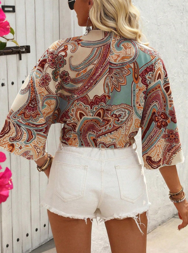 Women Bohemian Style Printed Long Sleeve Tie-Up Top Limorista