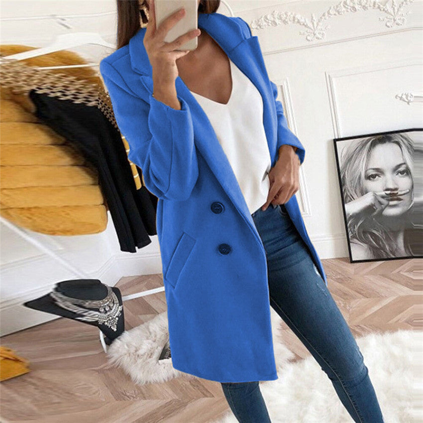 Solid Color Polo Collar Mid-length Button Woolen Coat Limorista