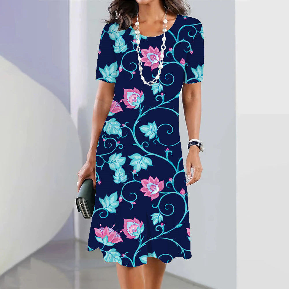 3d Floral Blue Printed Round Neck Fashion Party Dress Limorista