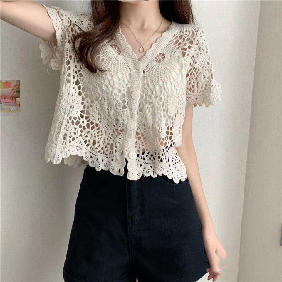 Limorista - Niche V-neck Hollow Crochet Lace Shirt For Women