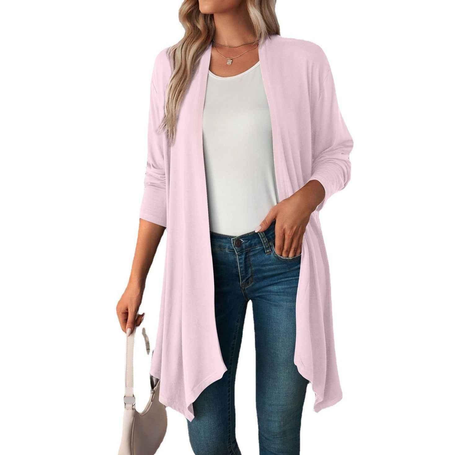 Limorista - Solid Color Long Sleeve Cardigan Jacket Long Shirt Women