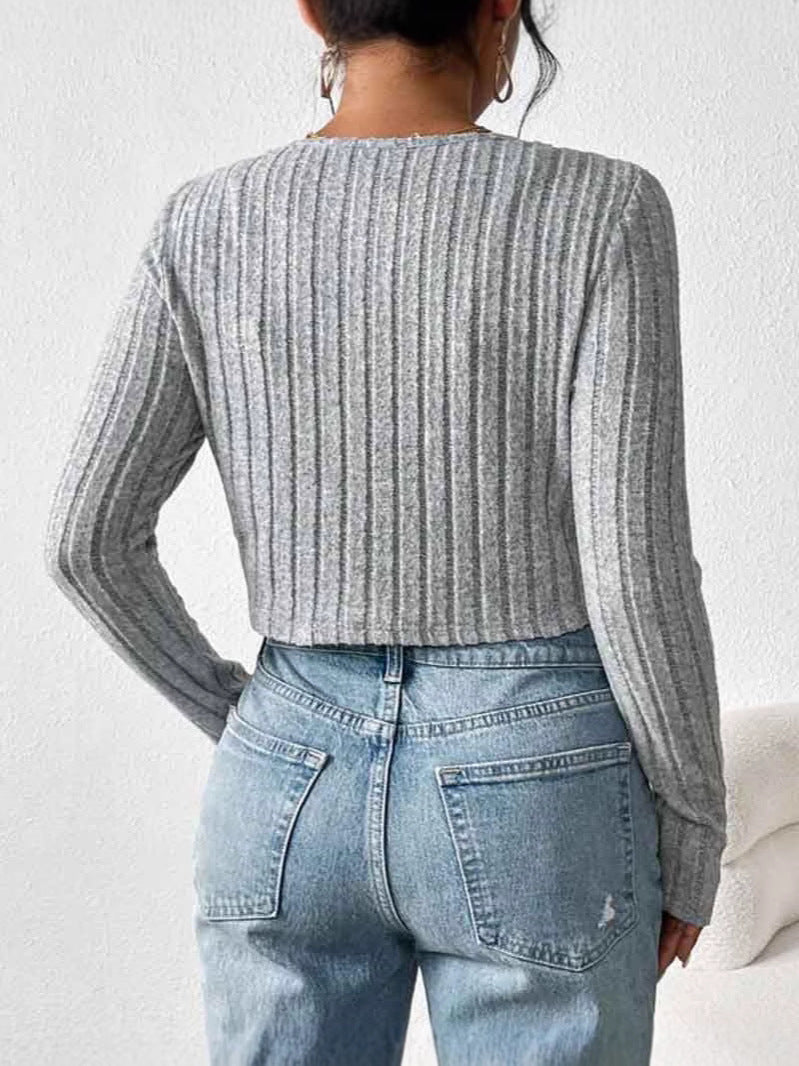 Rib Button Front Knit Elegant Set, Long Sleeve Cardigan & Sleeveless Crop Camisole, Women&