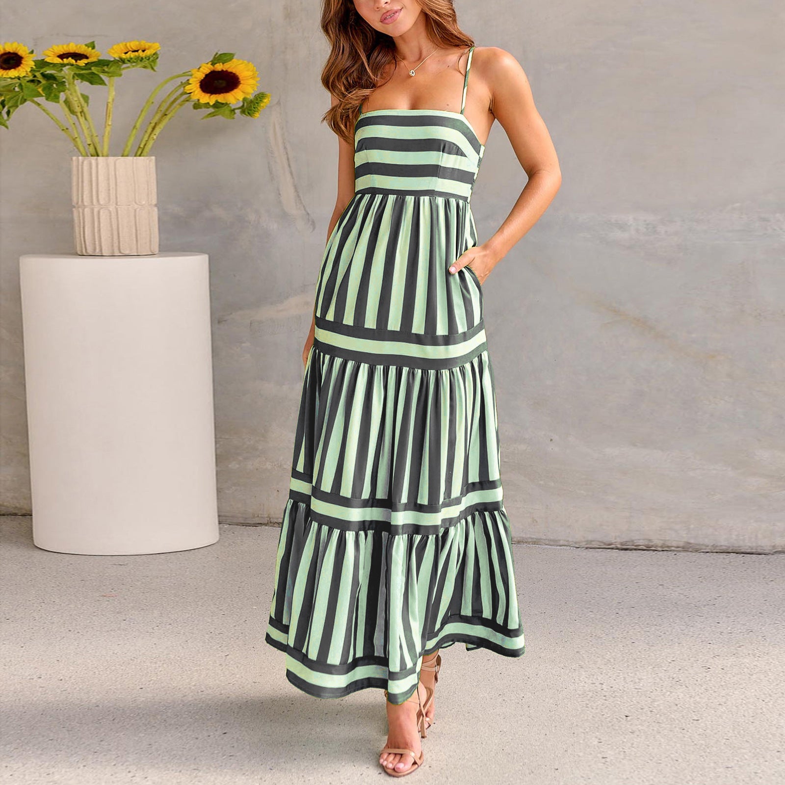 Summer Striped Printed Suspender Long Dress With Pockets Fashion Square Neck Backless Dresses For Beach Vacation Women Clothing Limorista