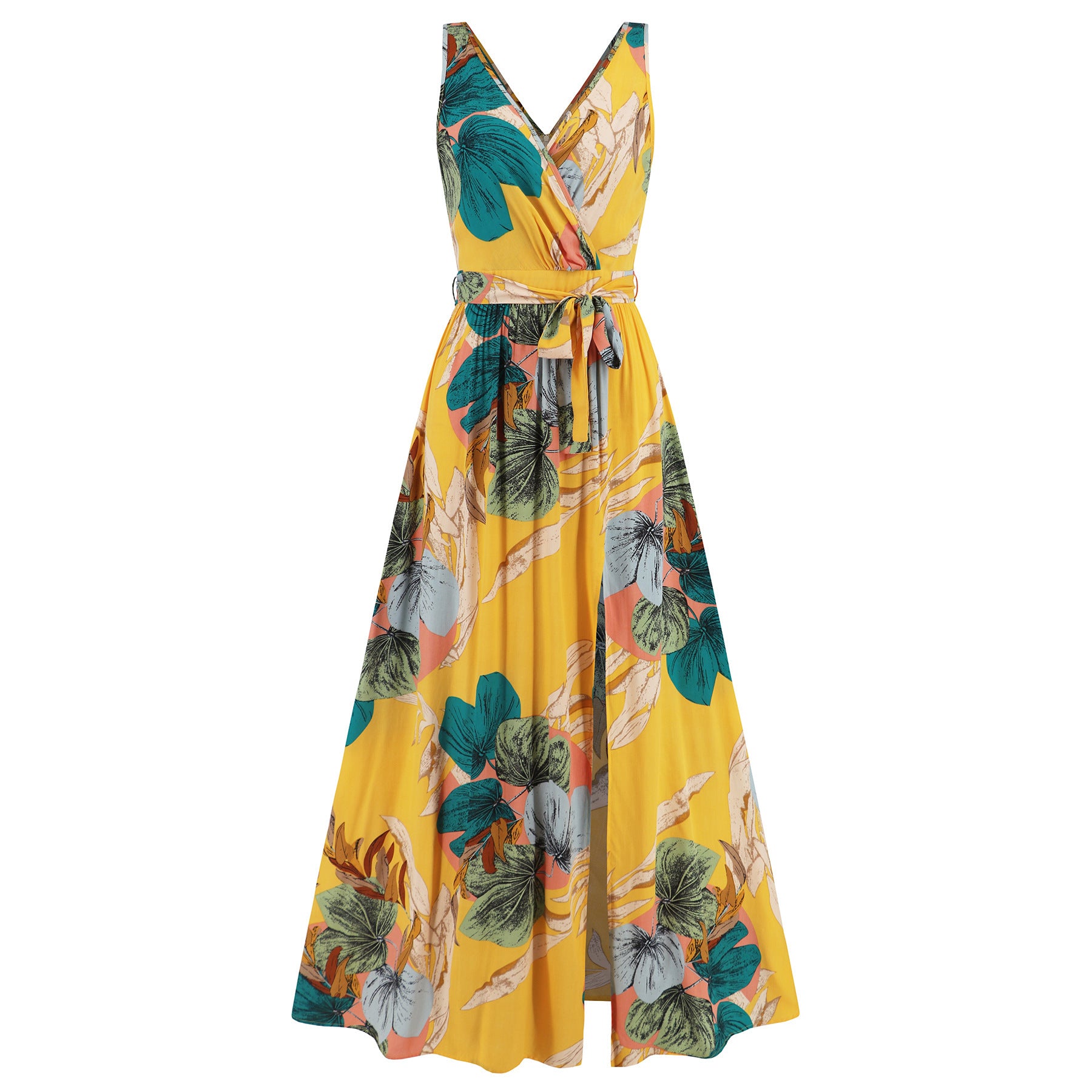 V-neck Floral Print Long Dress Summer Fashion Waist Tie Slit Design Sleeveless Dress For Womens Clothing Limorista