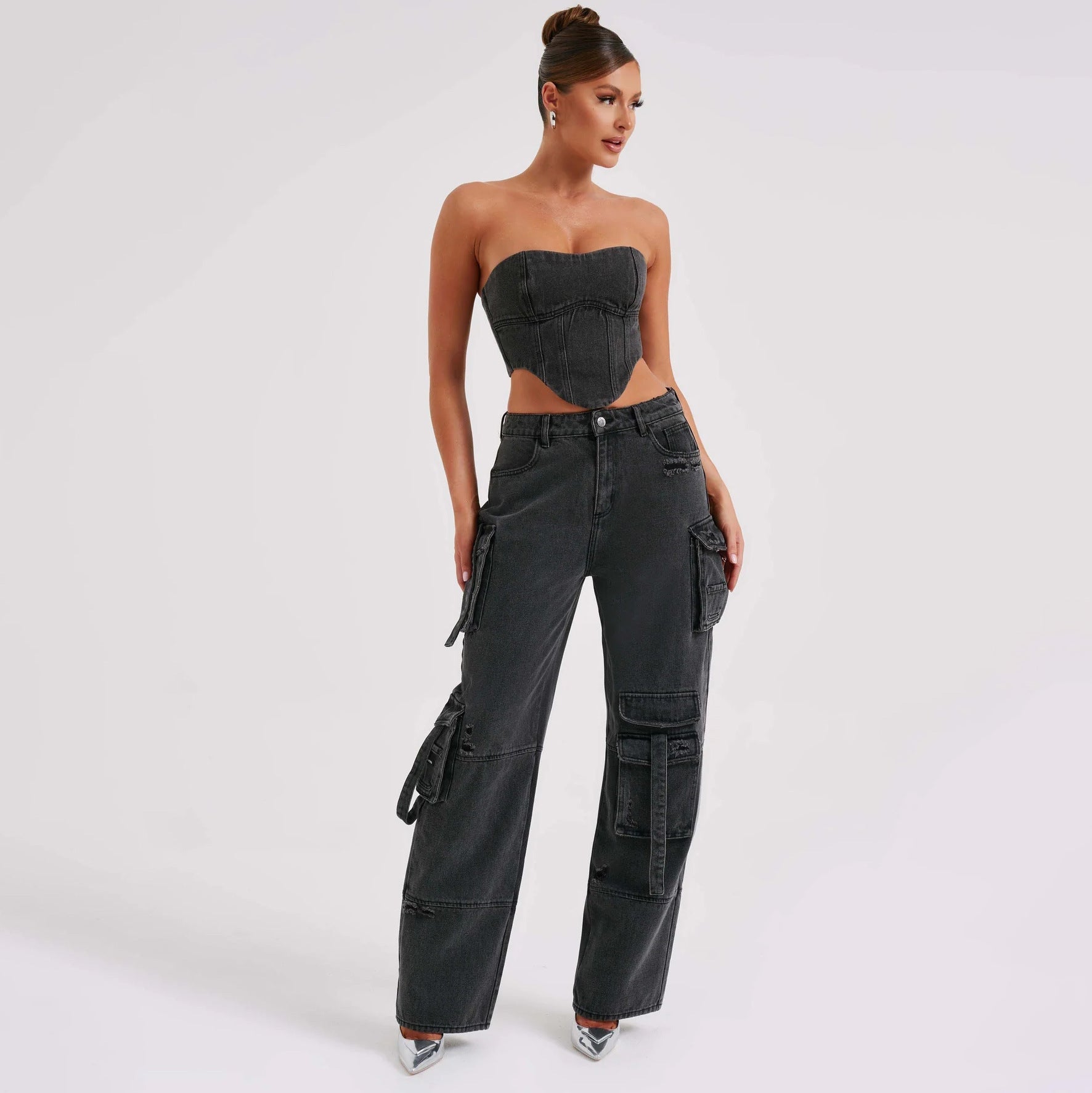 2Pcs Denim Suits Summer Sexy Backless Tube Top And Multi-pocket Straight Trousers Fashion Long Pants Suit Womens Clothing Limorista